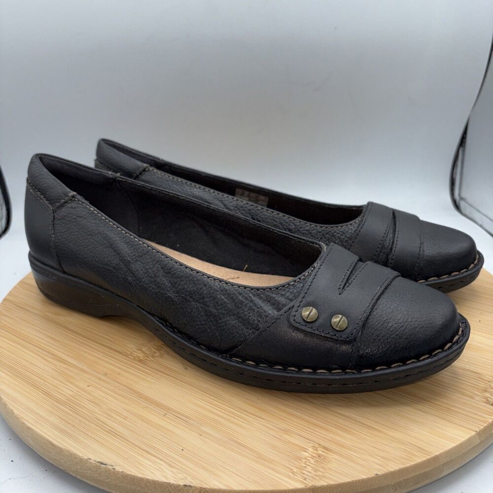 Clarks Pegg Abbie Black Leather Slip On Comfort Flats Shoes Women’s Size 10